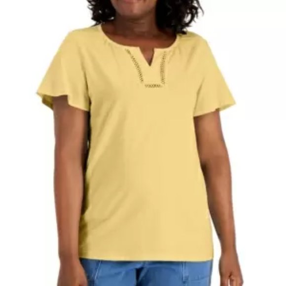 Karen Scott Cotton Flutter-Sleeve Top, Citron Aura - Picture 1 of 1